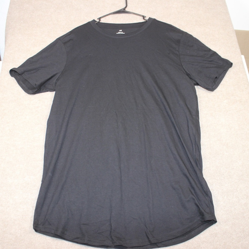 HM Mens Long Fit T-Shirt Black Cotton Short Sleeve Crew Neck Curved Hem XL